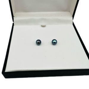 Peacock Iridescent Black Genuine Cultured Pearl Stainless Steel Earrings 6.35mm